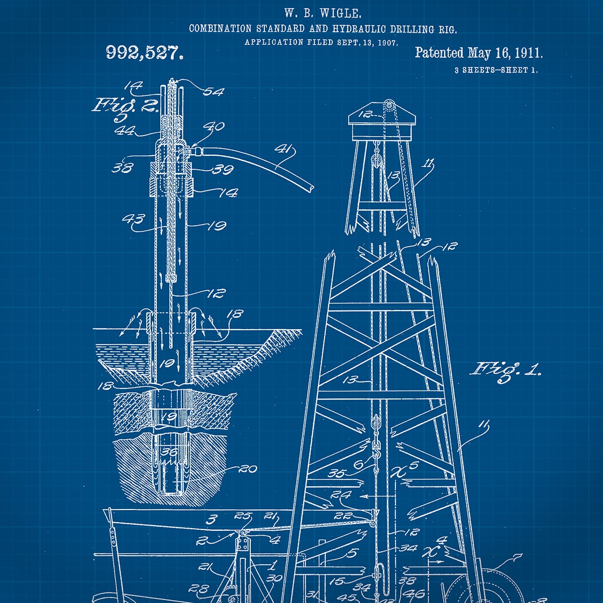 Vintage Drilling Rig Blue Print Patent from 1911