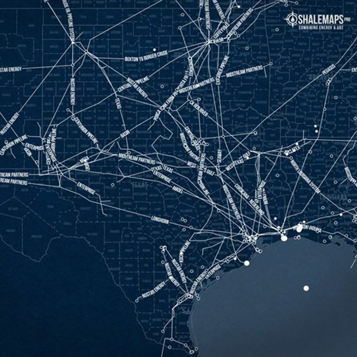Texas Oil & Gas Pipelines Blue Print Map